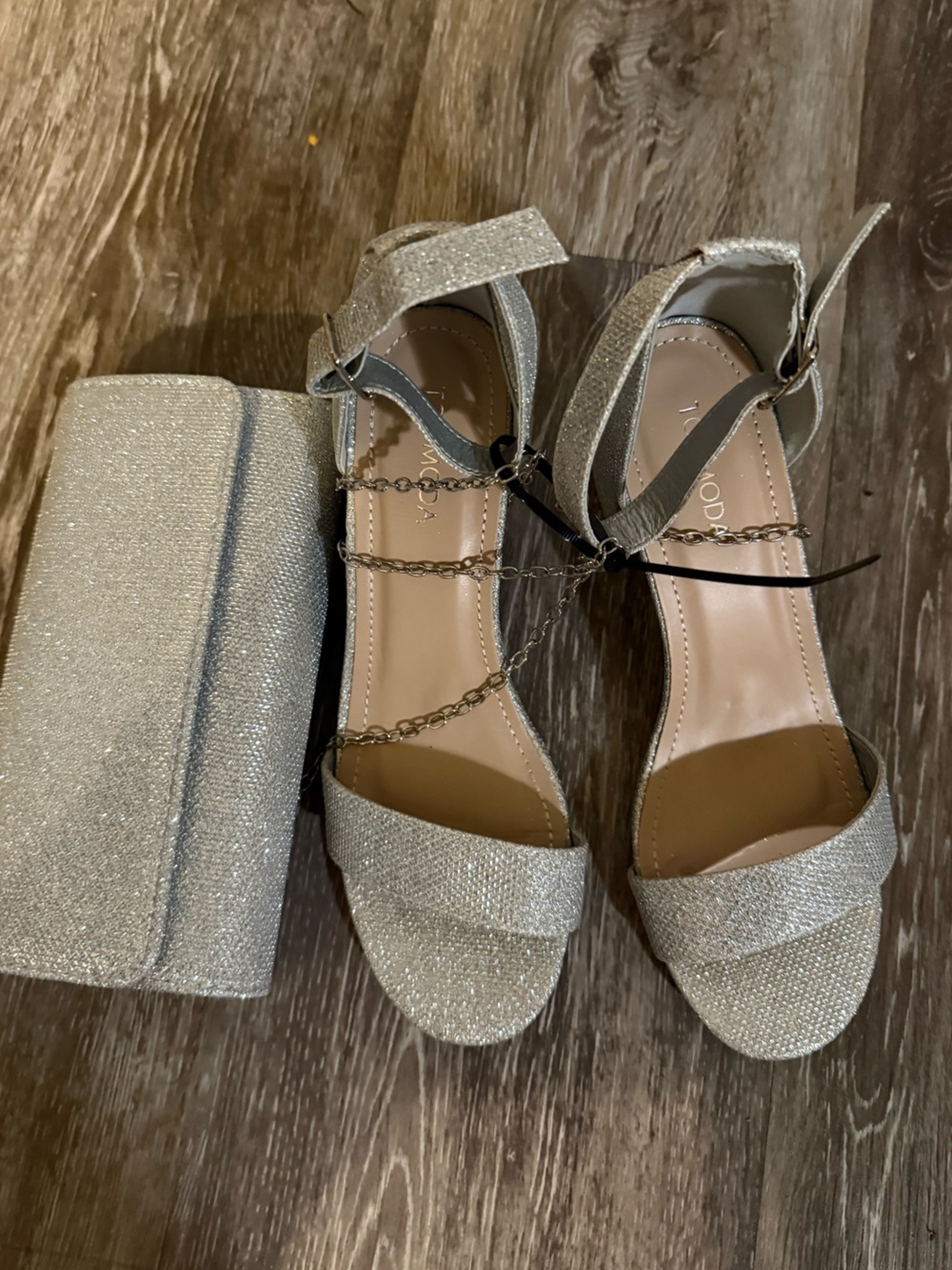 Silver Glitter Chain-Strap Block Heel Shoes